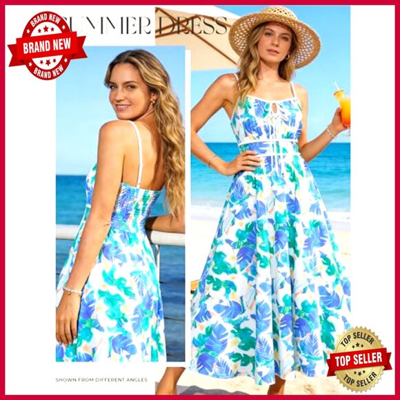 Summer Maxi Dress Floral Boho Tie Front Spaghetti Strap Sundress with Pockets - Picture 2 of 7